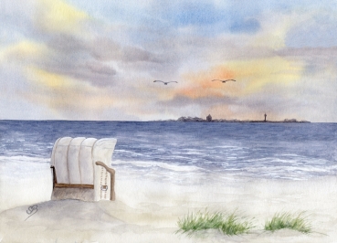 Poster DIN-A3 Aquarell Maritim Kunst Druck Kunstdruck Nordsee Cuxhaven Duhnen Strandkorb Strand Meer Sonnenuntergang